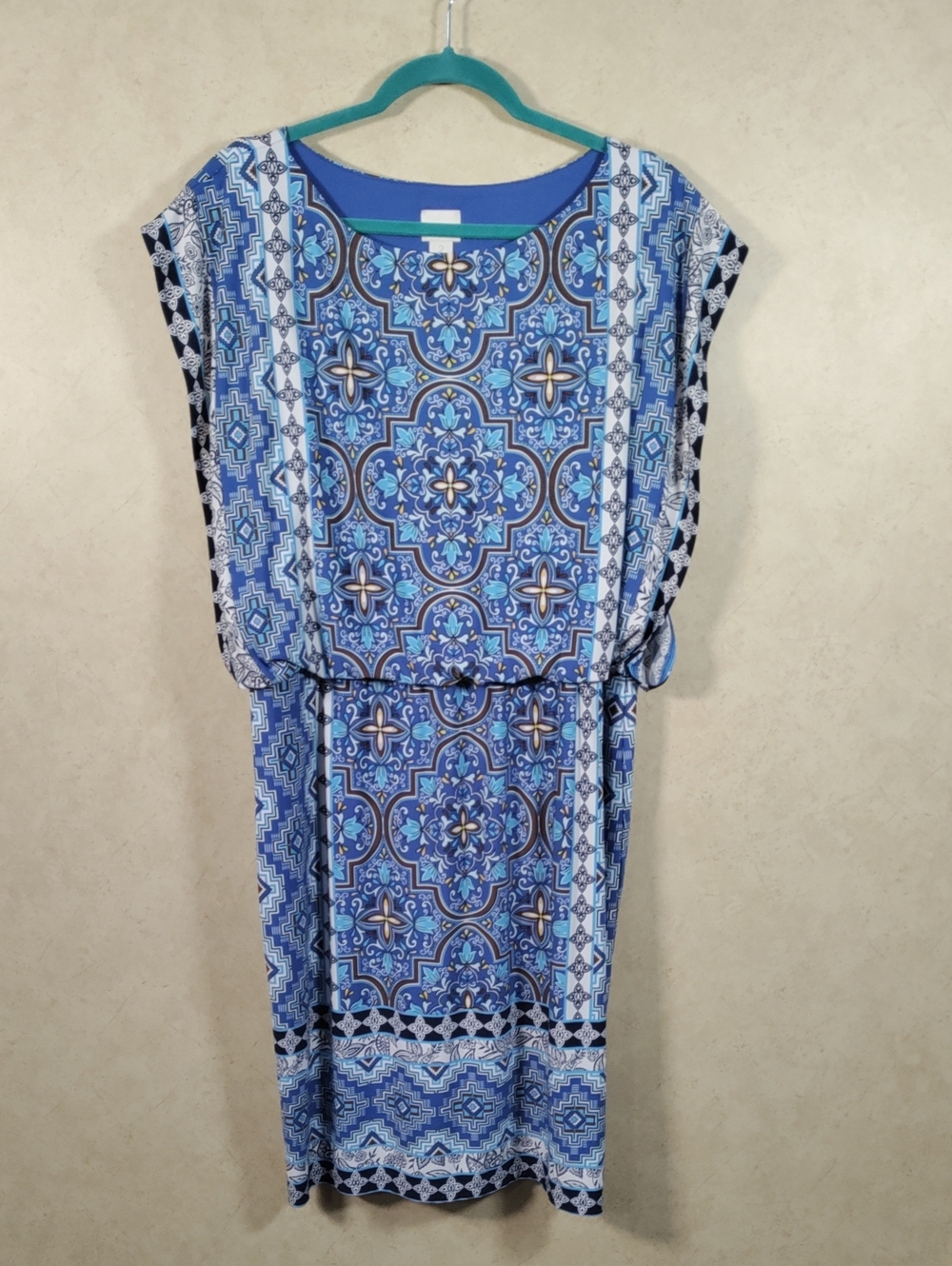H154 Chico's Blue & Brown Cap Sleeve Knit Dress 2 L